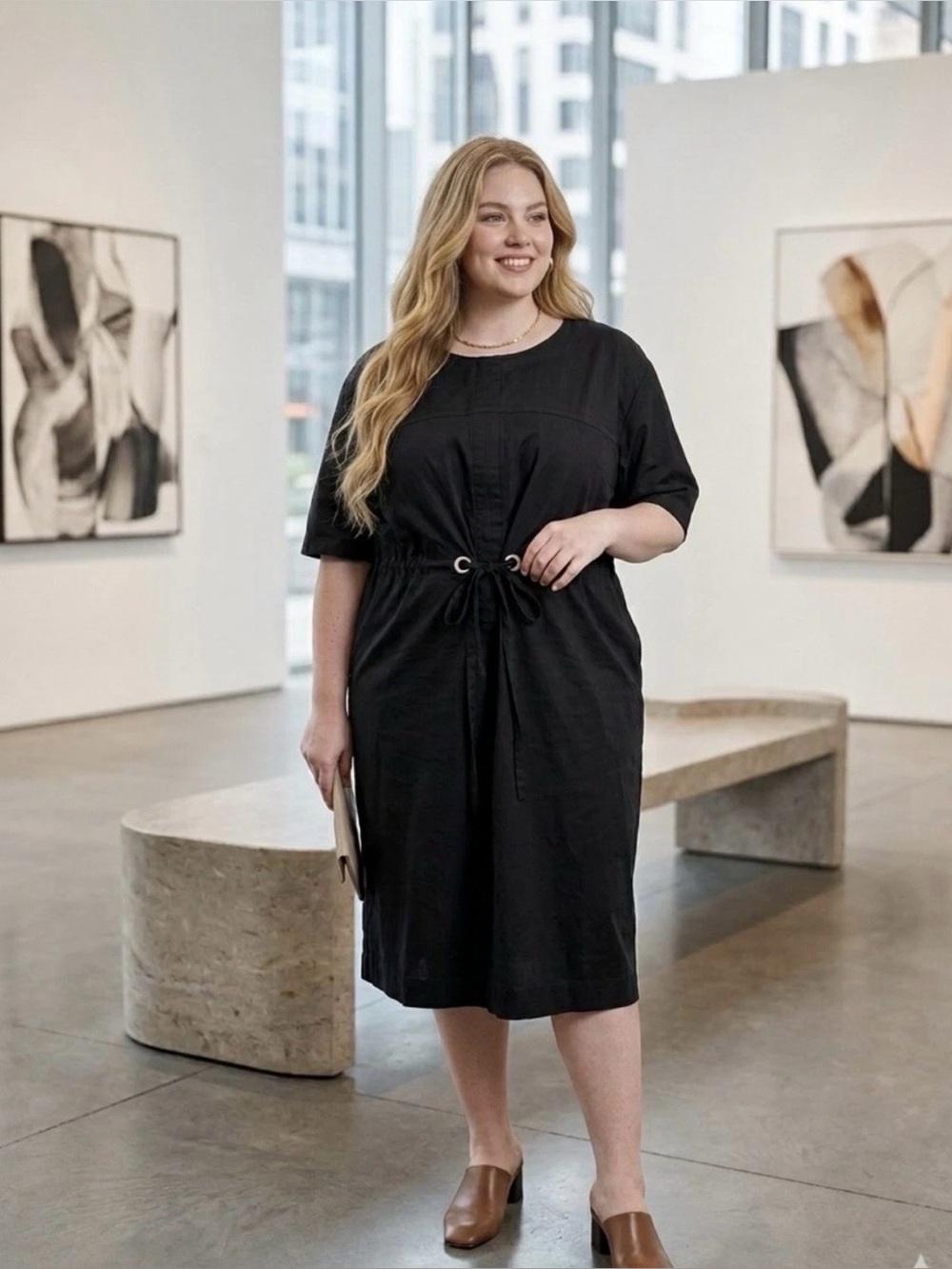 Frances Valentine London Dress Black Solid Stretch Cotton Tie Waist Plus Size 3X